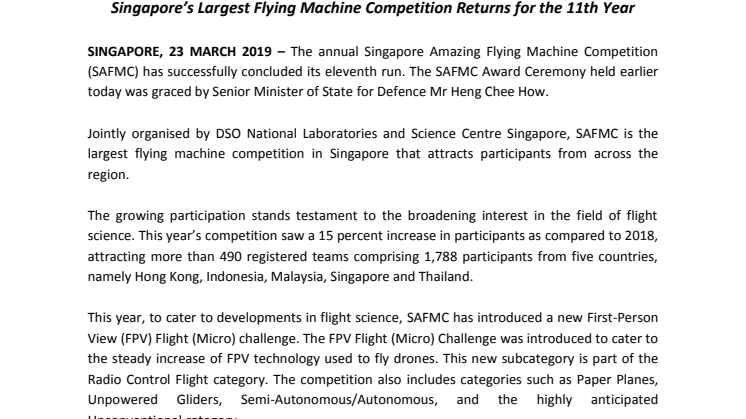 Singapore’s Largest Flying Machine Competition Returns for the 11th Year 