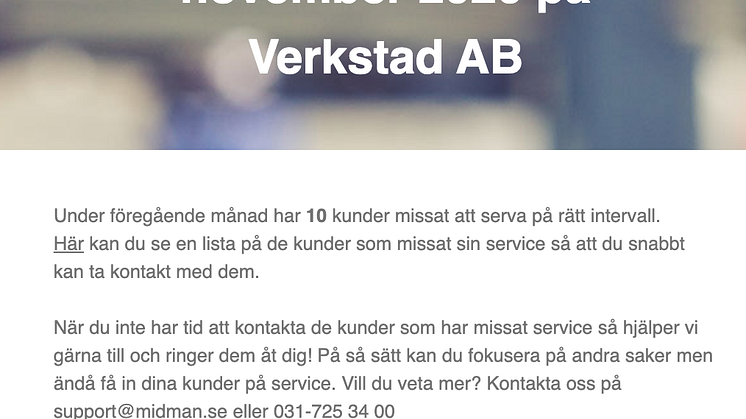 Verkstad e-posttjänst: Serviceuppföljning för kunder som missat serva.