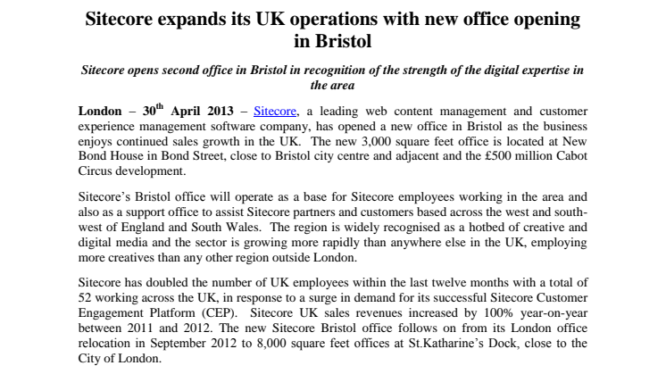 Sitecore expands its UK operations with new office opening in Bristol