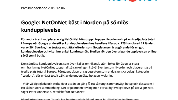 Google: NetOnNet bäst i Norden på sömlös kundupplevelse