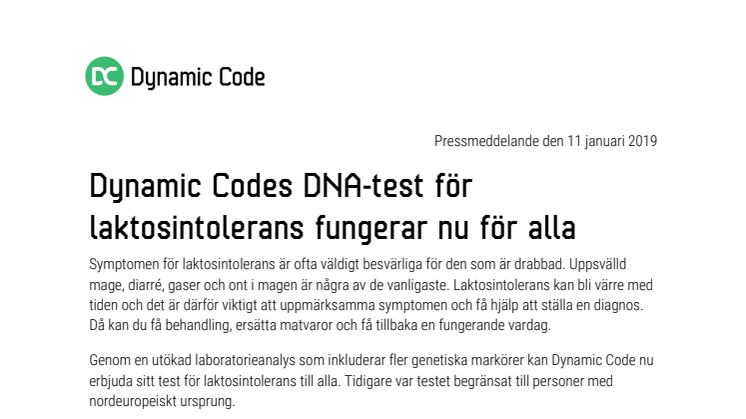 Dynamic Codes DNA-test för laktosintolerans fungerar nu för alla