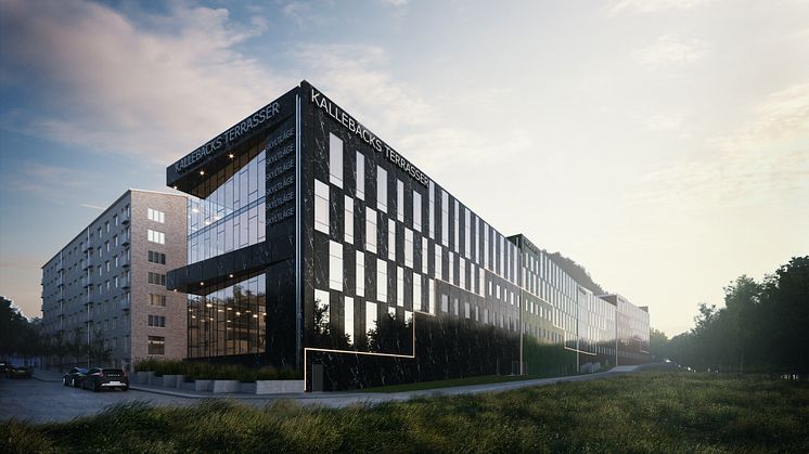 Skiss över hur kontorsbyggnaden i Kallebäcks Terrasser kommer att se ut.