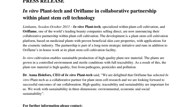 In vitro Plant-tech and Oriflame in collaborative partnership within plant stem cell technology