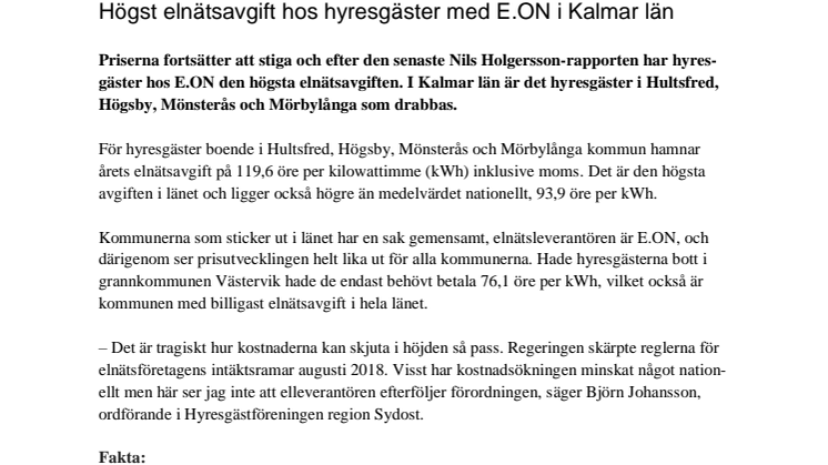 ​Högst elnätsavgift hos hyresgäster med E.ON i Kalmar län