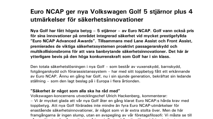 Euro NCAP ger nya Volkswagen Golf 5 stjärnor plus 4 utmärkelser för säkerhetsinnovationer