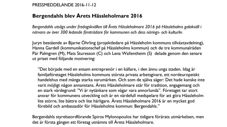 Bergendahls blev Årets Hässleholmare 2016