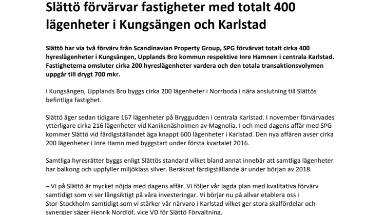 Slättö förvärvar fastigheter med totalt 400 lägenheter i Kungsängen och Karlstad