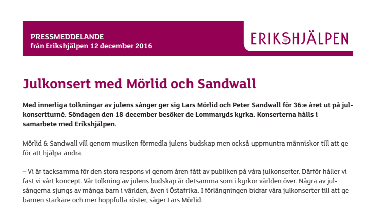 Julkonsert med Mörlid och Sandwall i Lommaryd