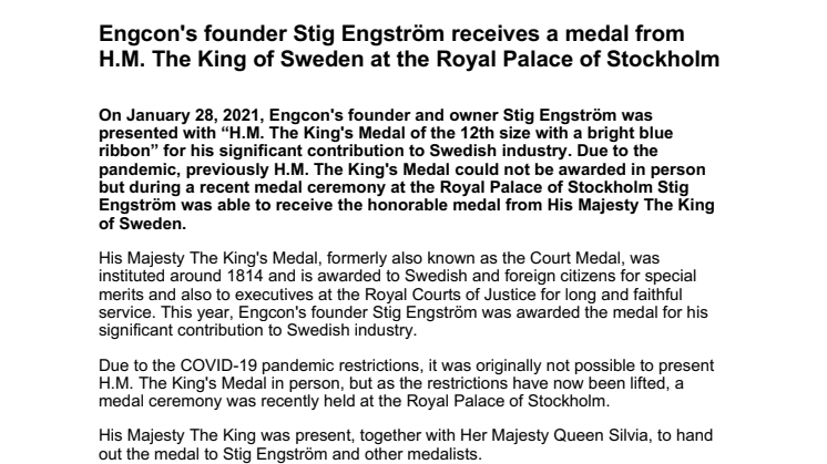 281021_Press_Engcon's founder Stig Engström receives a medal from H.M. The King of Sweden at the Royal Palace of Stockholm