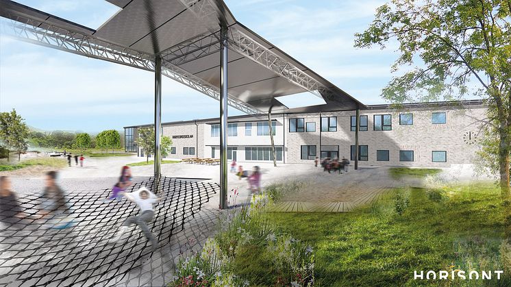 Råbyskolan i Lund blir en öppen och kommunikativ f-3 skola med gymnastikhall och en separat truppgymnastikhall för Lugis truppgymnaster. Illustration: Horisont Arkitekter