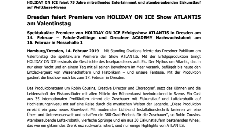 Dresden feiert Premiere von HOLIDAY ON ICE Show ATLANTIS am Valentinstag