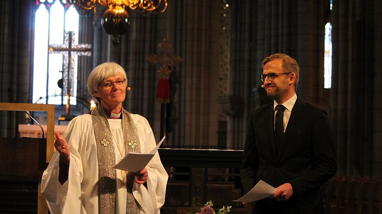 Antje Jackelén och Daniel Alm dialogpredikade i Uppsala domkyrka om kyrkans enhet. Foto: Mikael Stjernberg.