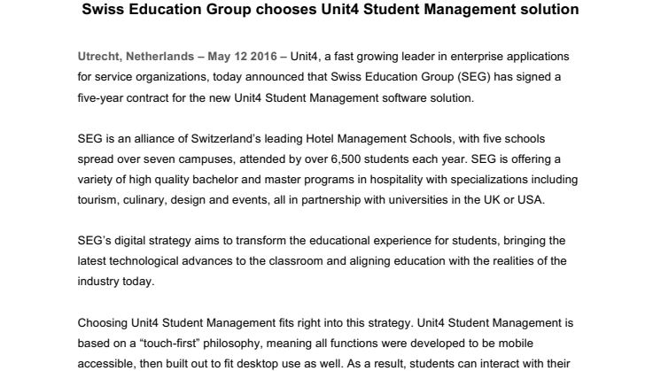 Schweiziska prestigehögskolor inom hotell och restaurang väljer Unit4s Student Management-lösning