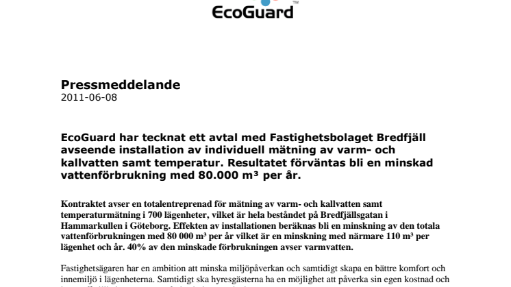 EcoGuard tecknar stort avtal om vattenmätning med Fastighetsbolaget Bredfjäll