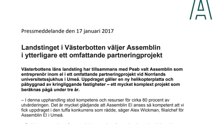 Landstinget i Västerbotten väljer Assemblin  i ytterligare ett omfattande partneringprojekt