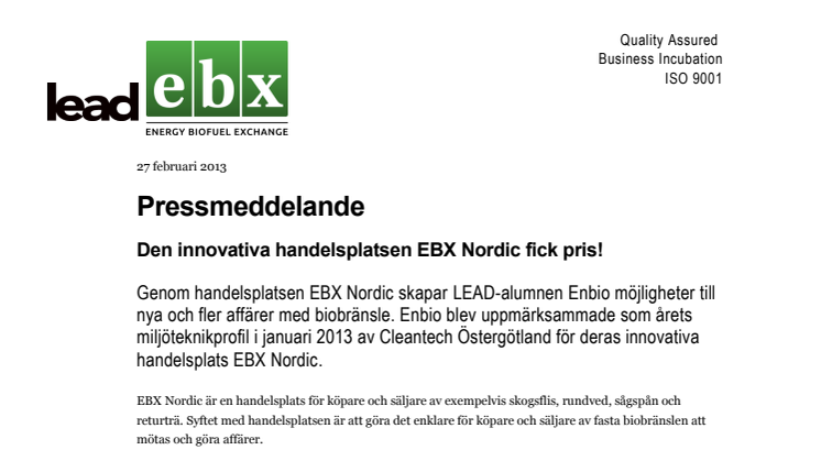 Den innovativa handelsplatsen EBX Nordic fick pris!