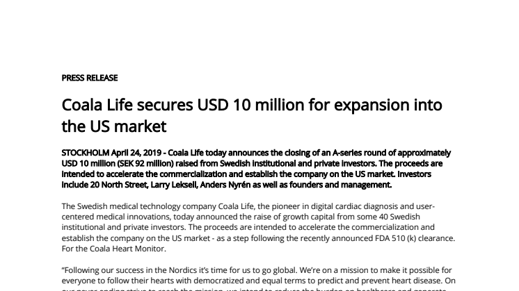 Coala Life secures USD 10 million for expansion into the US market