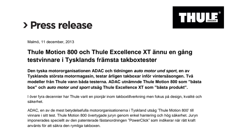 Thule Motion 800 och Thule Excellence XT ännu en gång testvinnare i Tysklands främsta takboxtester 
