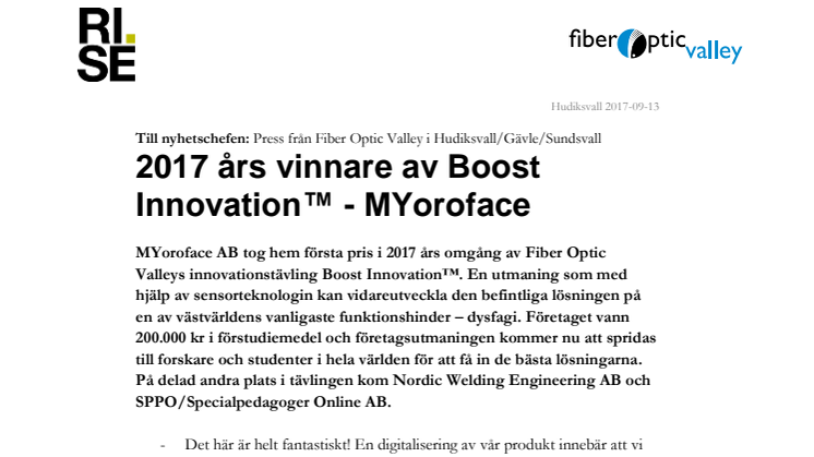 2017 års vinnare av Boost Innovation™ - MYoroface AB