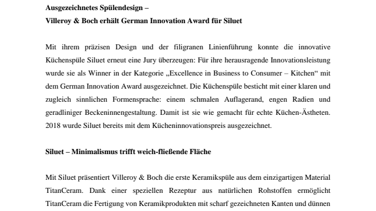 Ausgezeichnetes Spülendesign – Villeroy & Boch erhält German Innovation Award für Siluet