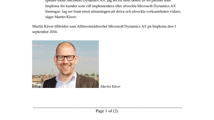 Martin Kåver ny chef för Implemas affärsområde Microsoft Dynamics AX