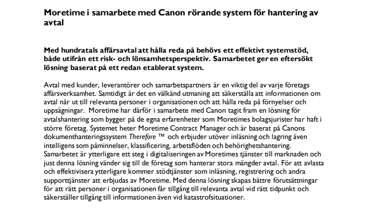 Moretime i samarbete med Canon rörande system för hantering av avtal 