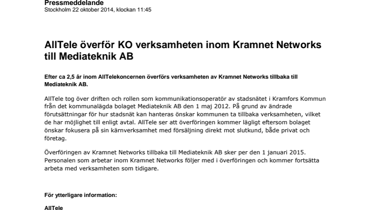 AllTele överför KO verksamheten inom Kramnet Networks till Mediateknik 