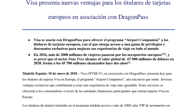 Visa presenta nuevas ventajas para los titulares de tarjetas europeos en asociación con DragonPass