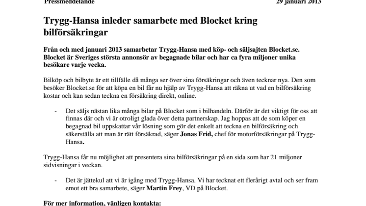 Trygg-Hansa inleder samarbete med Blocket kring bilförsäkringar 