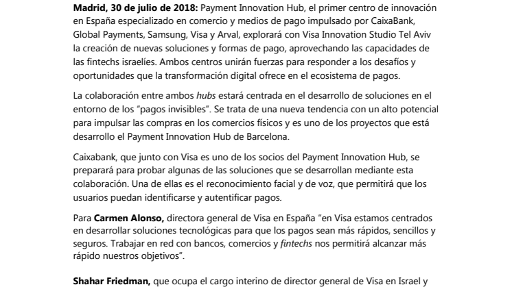 Payment Innovation Hub y Visa Innovation Studio  Tel Aviv colaboran para avanzar en el futuro de los pagos 