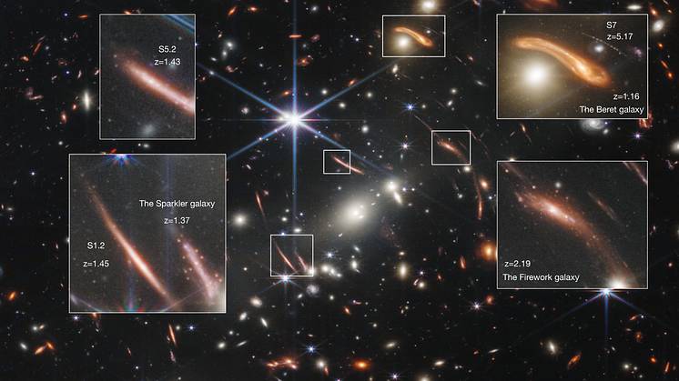 James Webbteleskopet har tagit den här bilden av ett galaxhopar (SMACS0723). De förstorade galaxerna ligger så långt borta att vi ser dem som de såg ut när universum var mellan en och fem miljarder år gammalt. Bild: NASA, ESA, CSA, STScI.