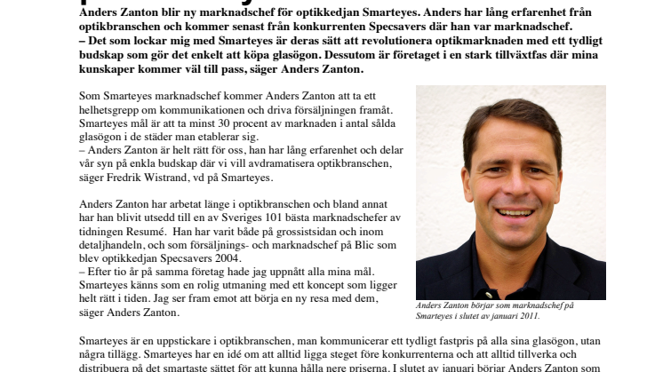 Byter Specsavers mot Smarteyes Anders Zanton ny marknadschef på Smarteyes 