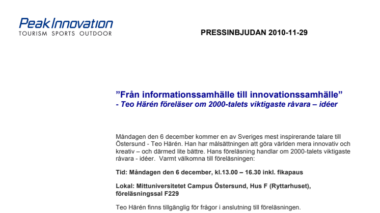 Pressinbjudan: Föreläsning med Teo Härlén - "Från informationssamhälle till innovationssamhälle"