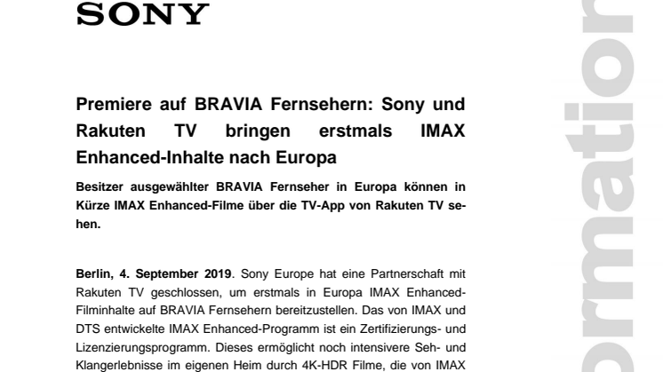 Premiere auf BRAVIA Fernsehern: Sony und Rakuten TV bringen erstmals IMAX  Enhanced-Inhalte nach Europa