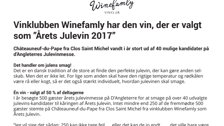 Vinklubben Winefamly har den vin, der er valgt som ”Årets Julevin 2017”
