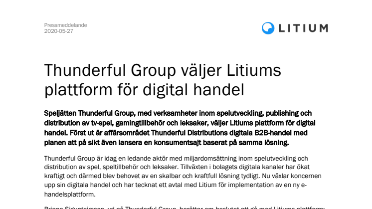 Thunderful Group väljer Litiums plattform för digital handel