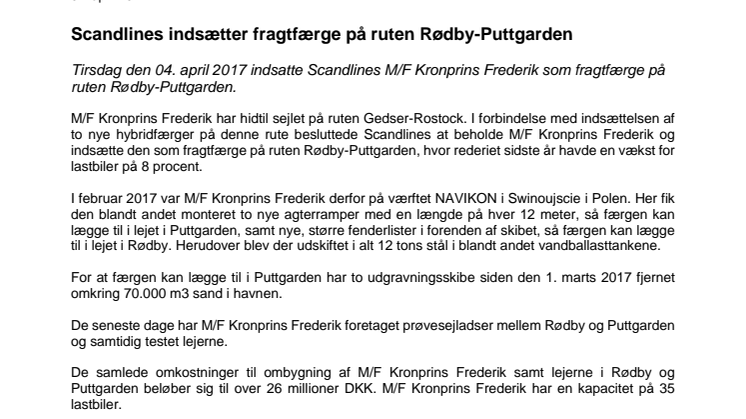 Scandlines indsætter fragtfærge på ruten Rødby-Puttgarden