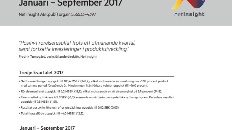 Net Insight AB: Delårsrapport Januari - September 2017
