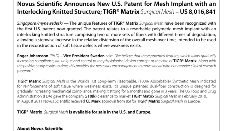 Novus Scientific Announces New U.S. Patent for Mesh Implant with an Interlocking Knitted Structure; TIGR® Matrix Surgical Mesh – US 8,016,841