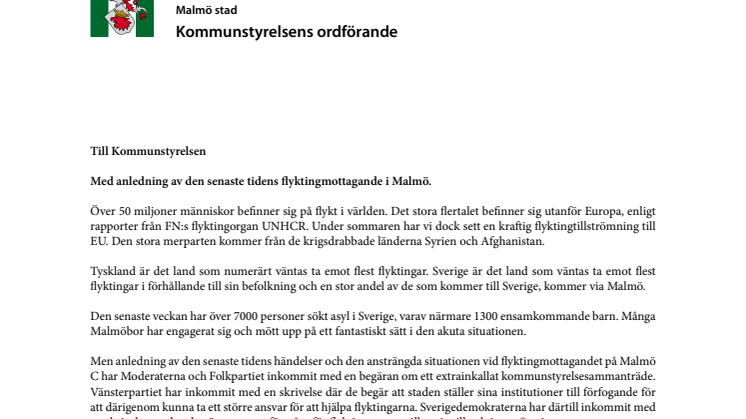 Brev till kommunstyrelsen med anledning av den senaste tidens flyktingmottagande i Malmö