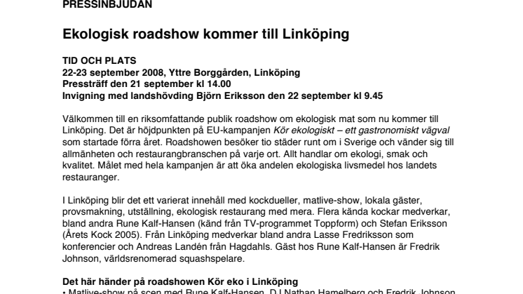 Pressinbjudan - Ekologisk roadshow till Linköping 22-23/9. OBS Stora Torget