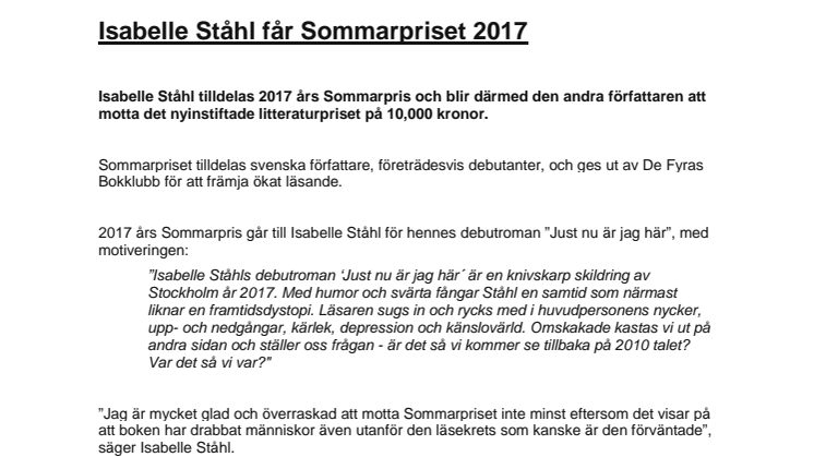 Isabelle Ståhl får Sommarpriset 2017