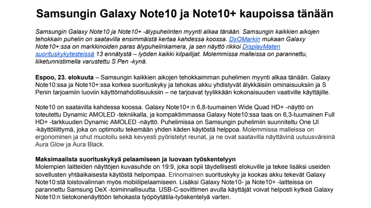 Samsungin Galaxy Note10 ja Note10+ kaupoissa tänään