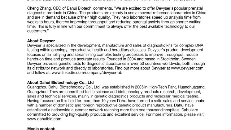 Devyser and Dahui Biotech sign distribution deal for the Chinese market
