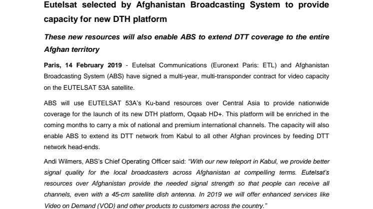 Eutelsat selected by Afghanistan Broadcasting System to provide capacity for new DTH platform