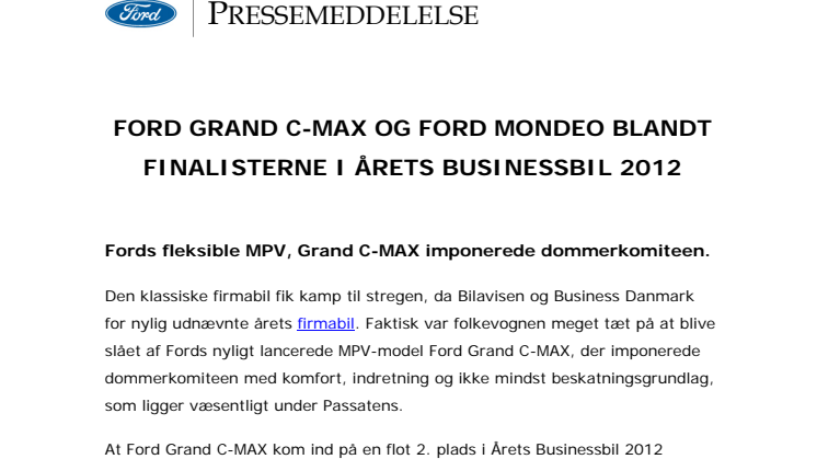 FORD GRAND C-MAX OG FORD MONDEO BLANDT FINALISTERNE I ÅRETS BUSINESSBIL 2012 