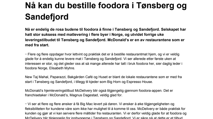 Nå kan du bestille foodora i Tønsberg og Sandefjord