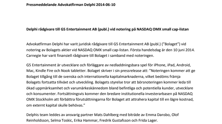 Delphi rådgivare till G5 Entertainment AB (publ.) vid notering på NASDAQ OMX small cap-listan