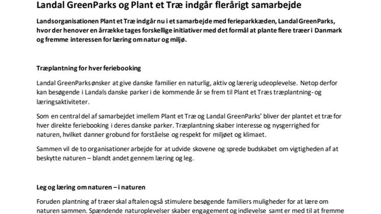 Landal GreenParks og Plant et Træ indgår flerårigt samarbejde