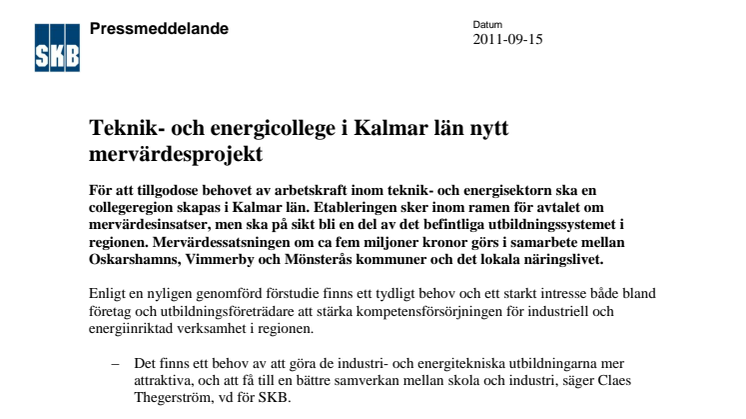 Teknik- och energicollege i Kalmar län nytt mervärdesprojekt